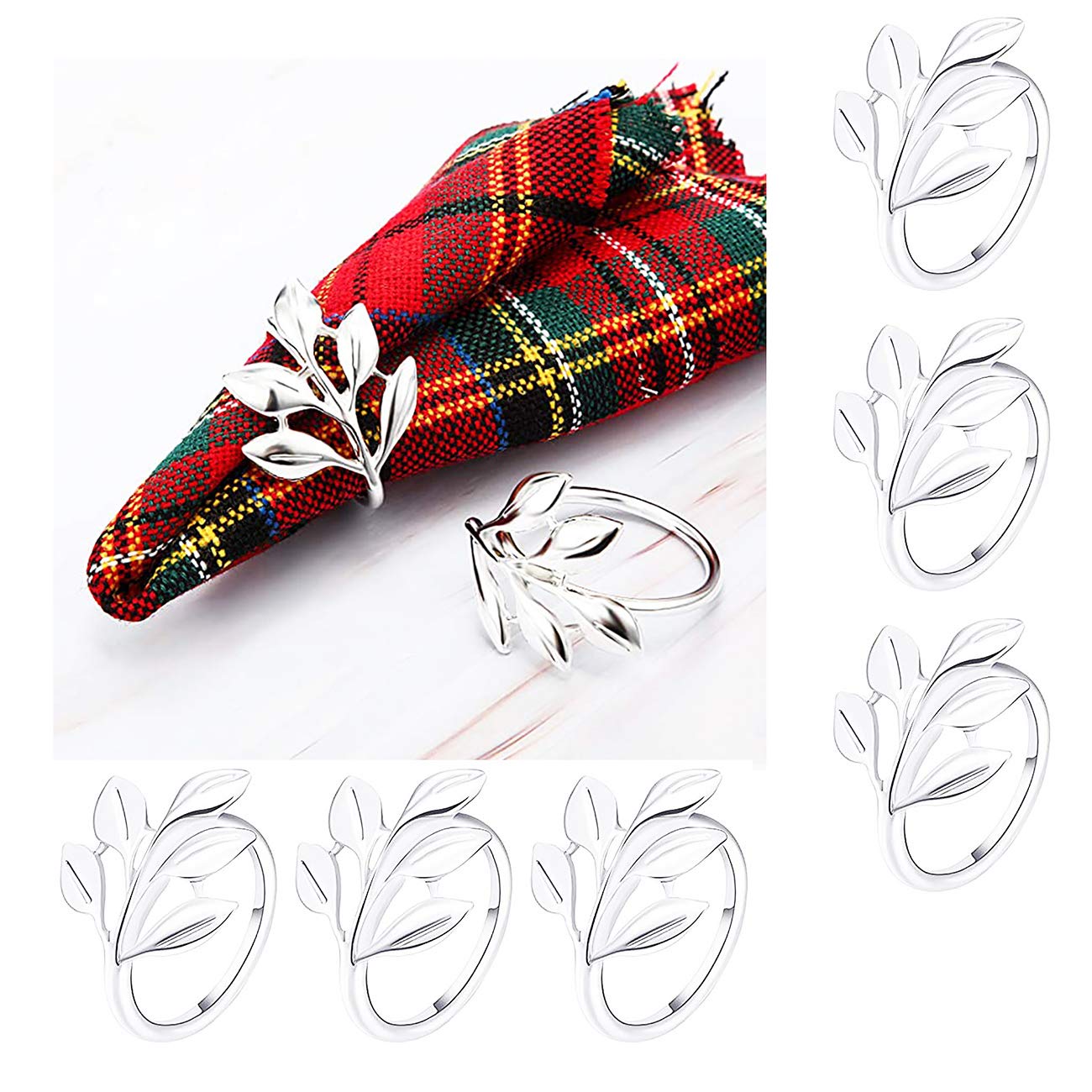 Set Di 6 Portatovaglioli A Forma Di Foglia Voyyphixa In Metallo Color Argento - Eleganti Fermas Salviette Per Decorazione Tavola, Matrimoni E Cene Festive - 3