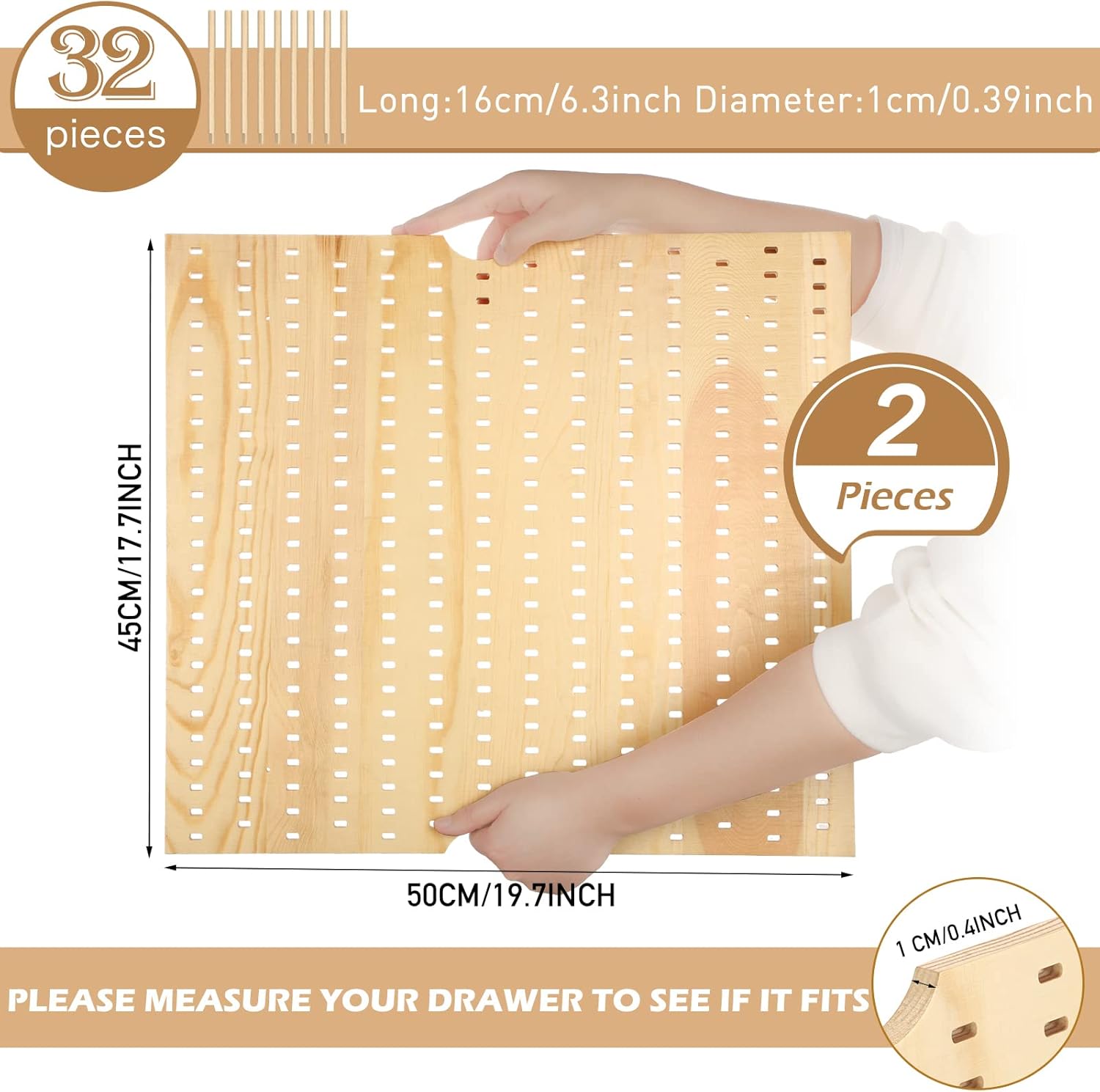 Yookeer 17.7 x 19.7 inches jumbo Wood Pegboard Drawer Organizer with 32 pcs Wooden Peg Adjustable Pegboard Wall Shelf and Drawer Organizer for Dish kitchen Plate Containers Cookware Utensils(2 Set)