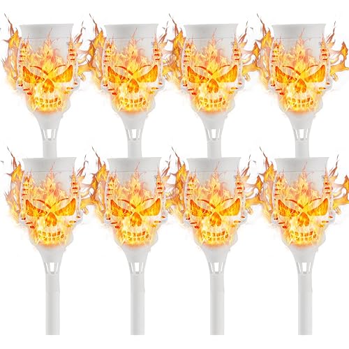 Spooky Skulls Solar Torches Lights - 8-Pack Flickering Flame Torches for Enchanting Halloween Decor, Waterproof Outdoor Solar Powered Lighting, for Pathways Garden Yard, White,