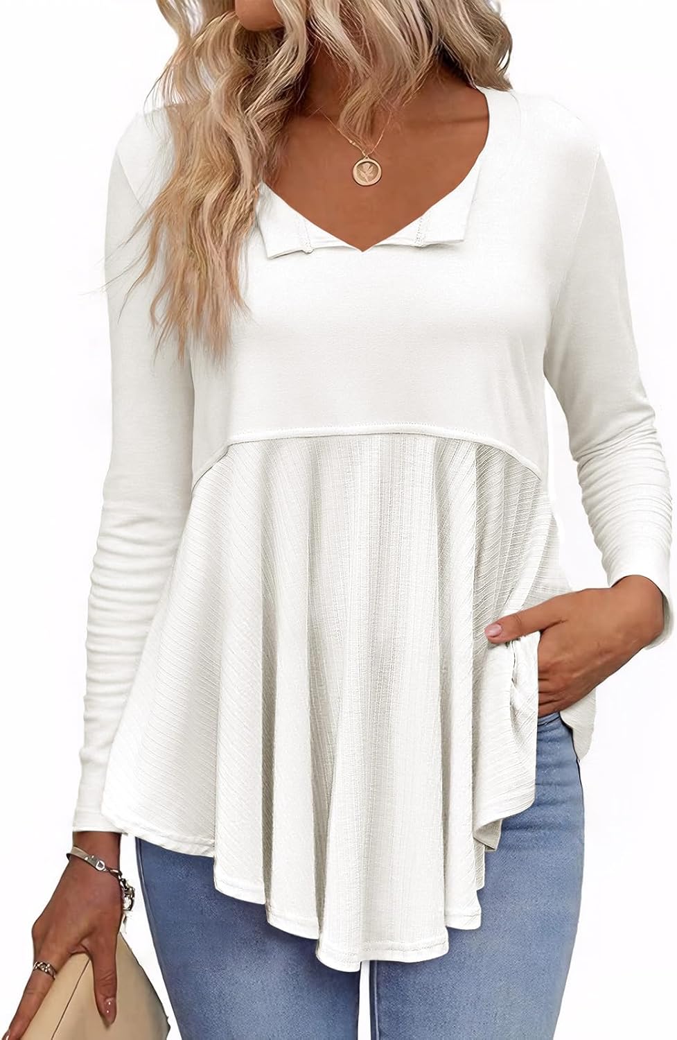 Tankaneo Womens Babydoll Tops V Neck Long Sleeve Shirts Peplum Tunic Top Flowy Work Casual Blouses Loose Fit 2024