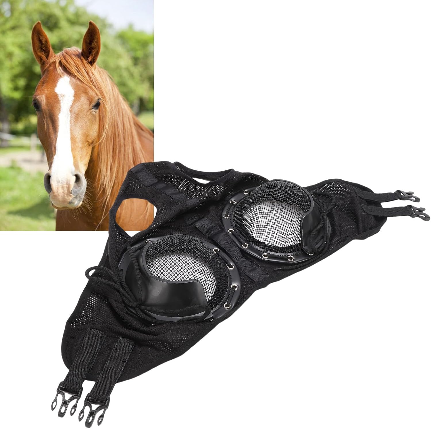 Horse Fly Mask, Stretchable Steel PU Eye Protection Windproof Sandproof Protective Net Adjustable Horse Eye Cover Enhanced Focus for Harness Supplies