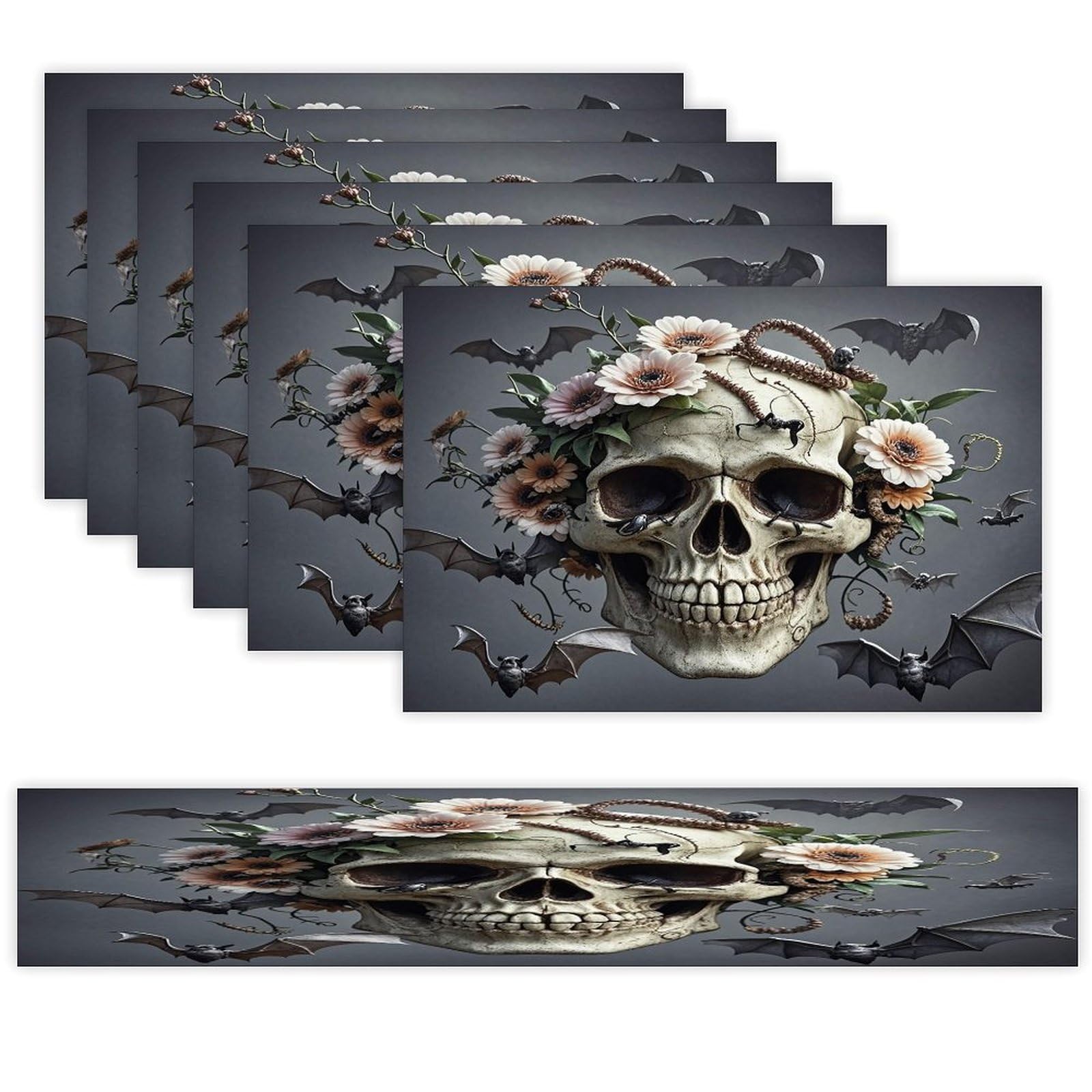 Skull Flower Table Runner and Placemats Set of 6 Heat Resistant Table Runner Place Mats Modern Cloth Table Mat Washable Linen Placemat Festive Reusable Set