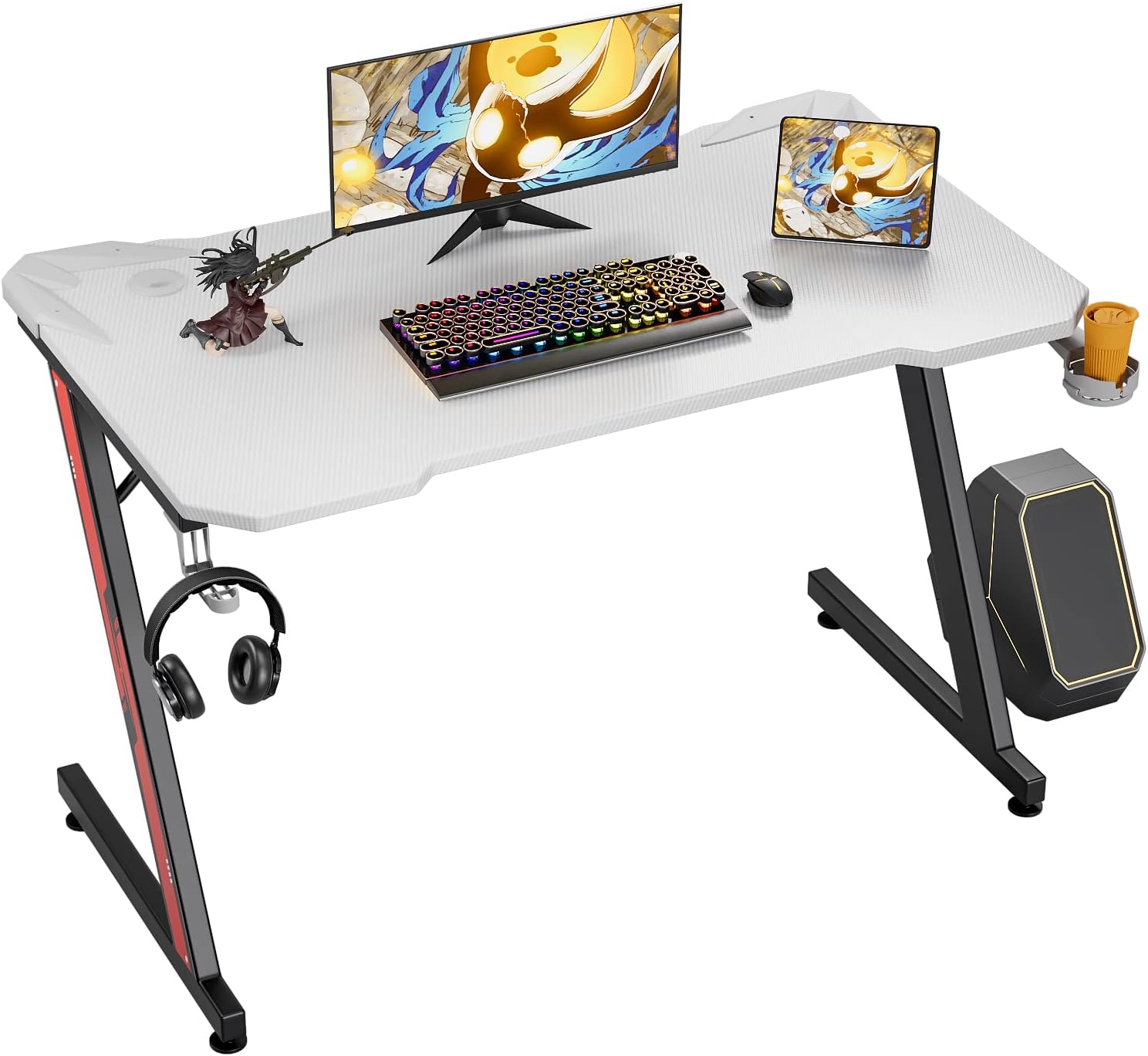 Greesum Gaming Desk, 44 Inch Home Office Computer Table, Z Shaped Gamer Workstation with Carbon Fiber Surface Cup Holder & Headphone Hook, White