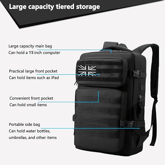 36L Waterproof Hiking Backpack Tactical Military Backpack | Multi-Compartment Camping Rucksack with Ventilated Straps and 2 Flag Patches for Trekking, Travel & Outdoor, Black