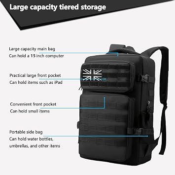 36L Waterproof Hiking Backpack Tactical Military Backpack | Multi-Compartment Camping Rucksack with Ventilated Straps and 2 Flag Patches for Trekking, Travel & Outdoor, Black