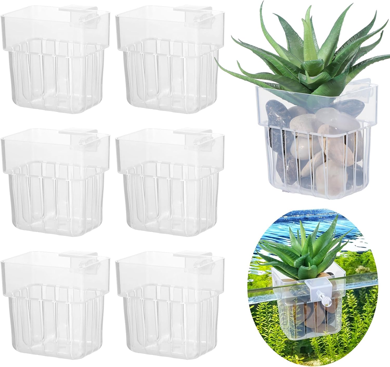 6 Pcs Aquarium Plant Holders, Hanging Aquatic Planter Cups with Hole, Adjustable Acrylic Fish Tank Plant Pot, Aquarium Plant Holder for Fish Tank Aquaponic Plant Cultivation and Aquascape Decorations