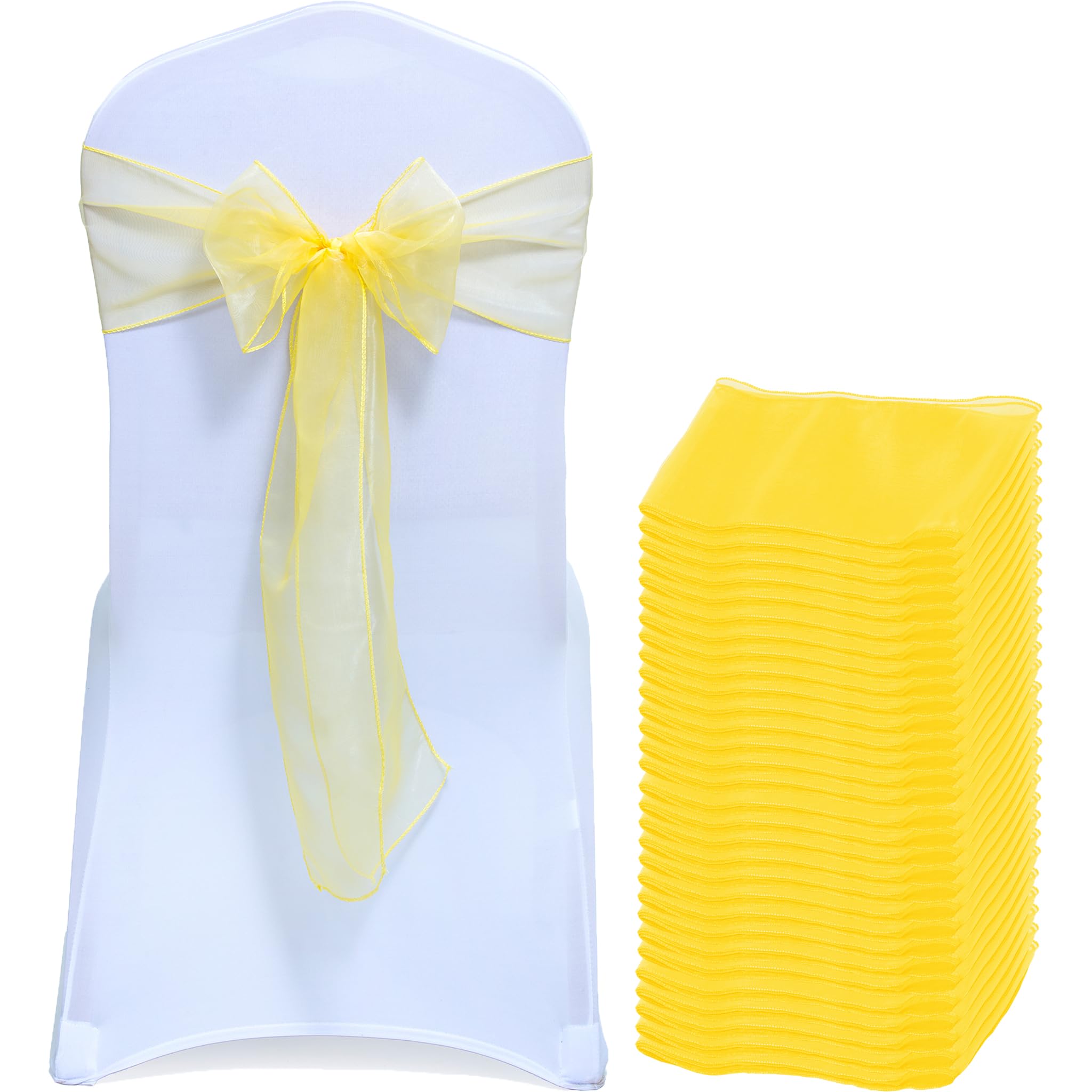 EDecor Pack of 200 Organza Chair Sashes for Wedding & Party Decorations – Reusable Sheer Chair Bows Tie Back for Banquet Chairs, Bridal Shower, Birthday, Reception Event Styling Décor - Yellow