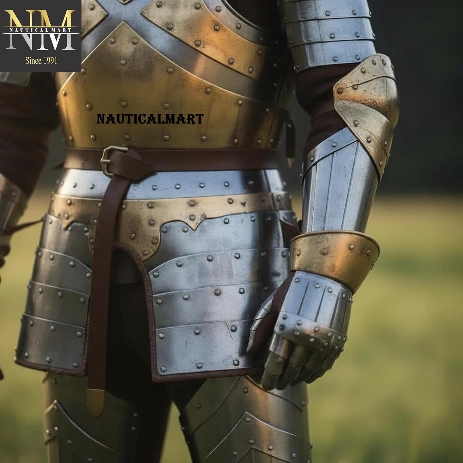 NauticalMart Medieval Knight Suit Of Armour - Wearable Full Plate Armor with brass accents Combat Armour Costume Perfect for LARP, Historical Reenactment, Cosplay, Halloween & Theater Act Costume