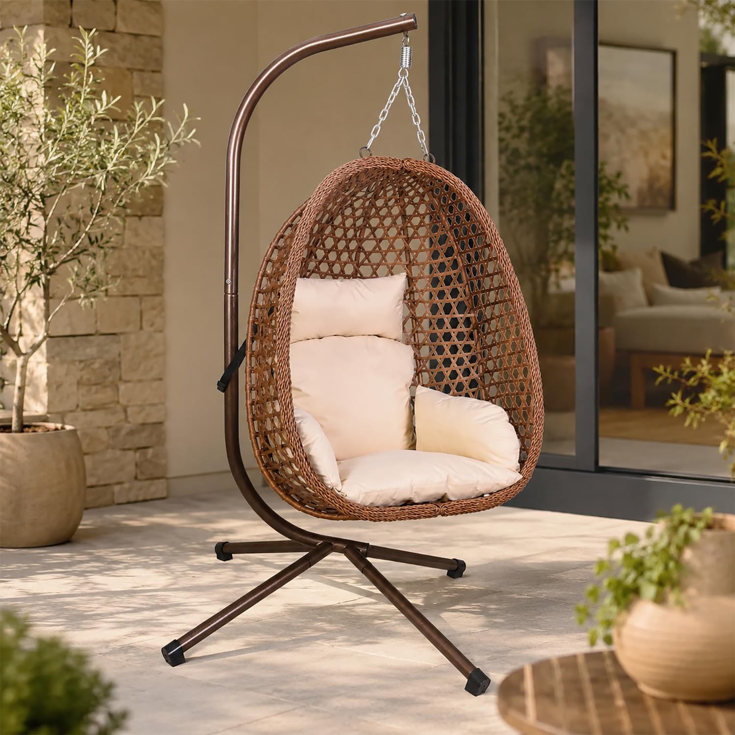 Goods Emporium Brown Luxury Folding Hanging Rattan Egg Swing Chair Patio Garden Cocoon Relaxing Hammock With Cushions (, Single)