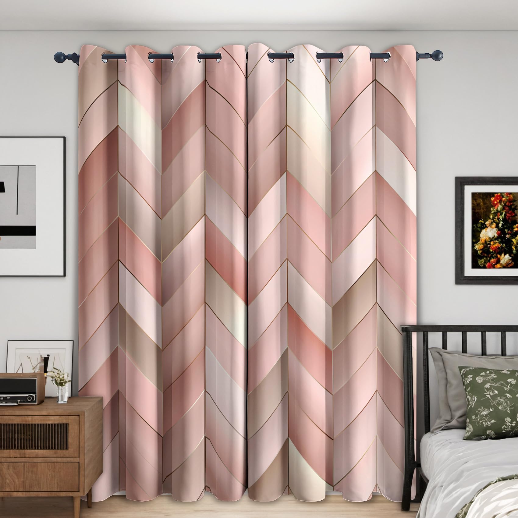 Nowoczesne geometryczne różowe zasłony zaciemniające w jodełkę 2 sztuki 140 x 180 cm stylowe zasłony okienne do sypialni i salonu z przelotkami u góry S&K114