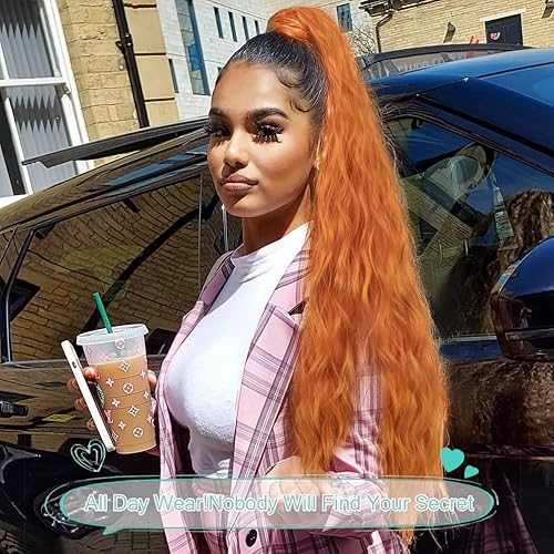 Miniatura 8 de Clip de extensión de cola de caballo ondulada, cola de caballo ondulada de maíz de 22 pulgadas, cabello sintético marrón mezclado con rubio, largo