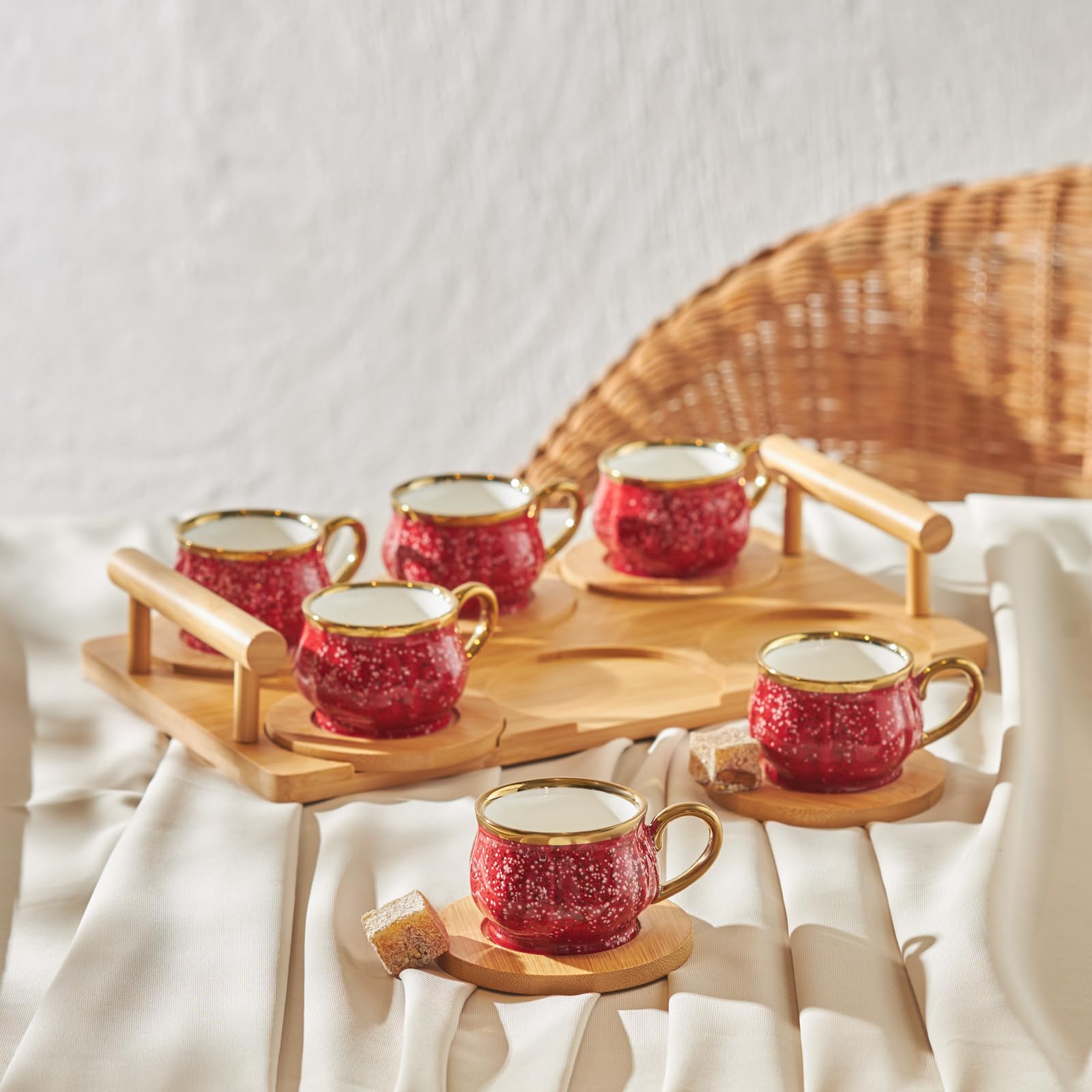 Karaca Red New Generation Bone Espresso Turkish Coffee Cup Set With Bamboo Tray For 6 People, 12 Piece, 90Ml, Multi