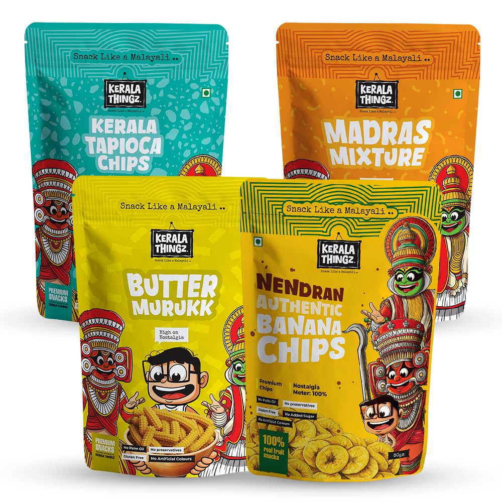 Kerala Thingz Madras Mixture + Butter Murukku (Each 150g Pack) + Tapioca Chips (80g) + Authentic Nendran Banana chips (80g) | Combo 460g | Traditional Kerala Snack | Premium, Crunchy & Healthy | No Palm Oil, No Preservatives, Gluten Free, No Added Sugar, No Artificial Colours