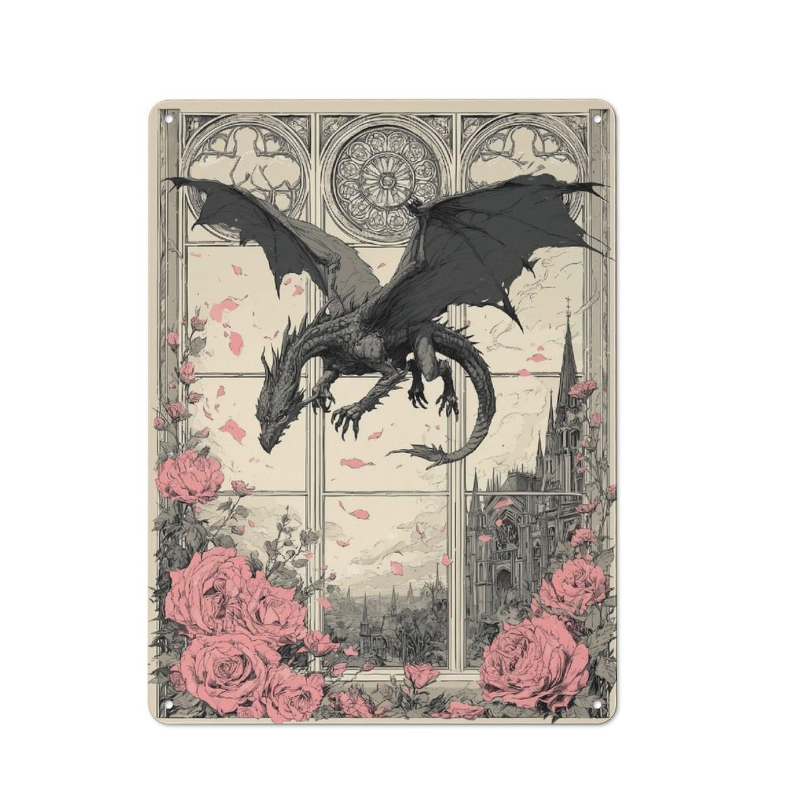 Junmoney Dragon At The Window Rustic Tin Wall Plaque 40X30cm For Guest Room Or Hallway, For Garage, Workshop And Man Cave Decoration