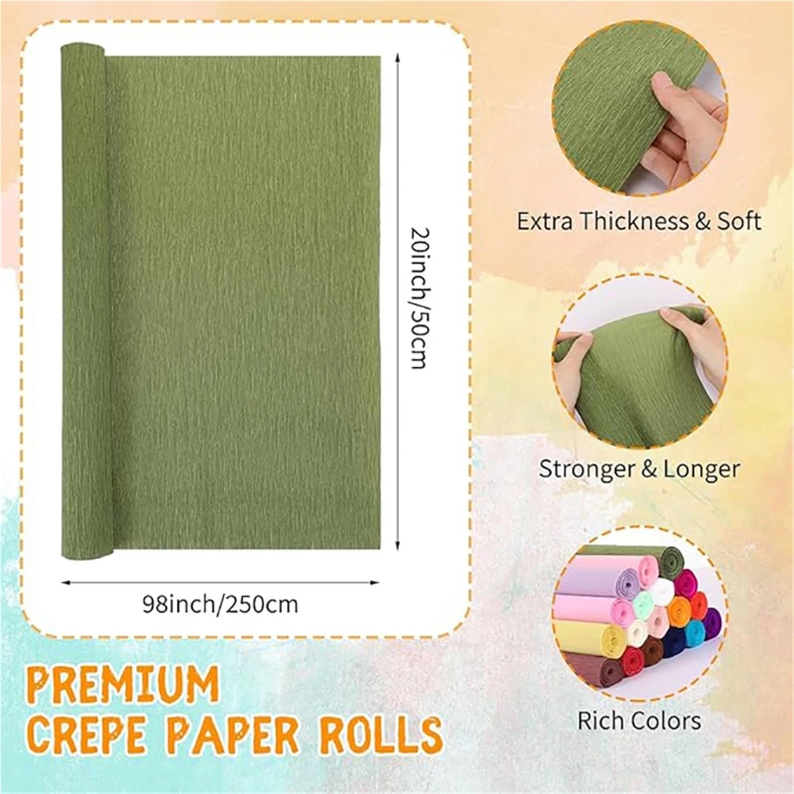 Rouleaux De Papier Crepon Lot de 6 Rouleaux de Papier crépon de 50,8 cm de Large, 2,4 m de Large, 70 g, for décoration de fête d'anniversaire, de Mariage, de Festival(Green)