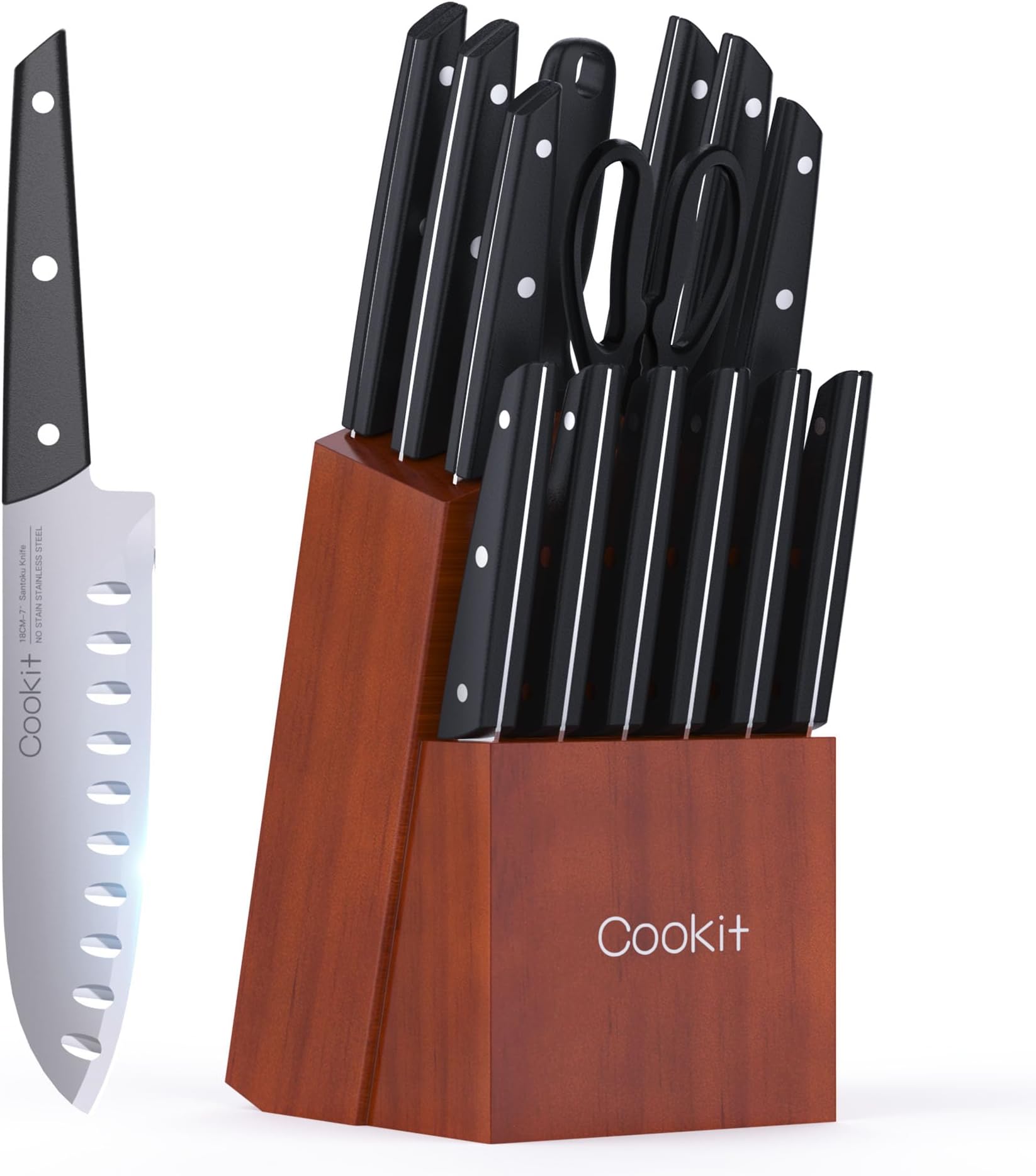 Knife Set with Block, Cookit 15 Pieces Kitchen Knife Set with Pine Block Holder, Knife Block Set with Sharpener, High Stainless Steel Knives with Comfortable-Grip ABS Handles