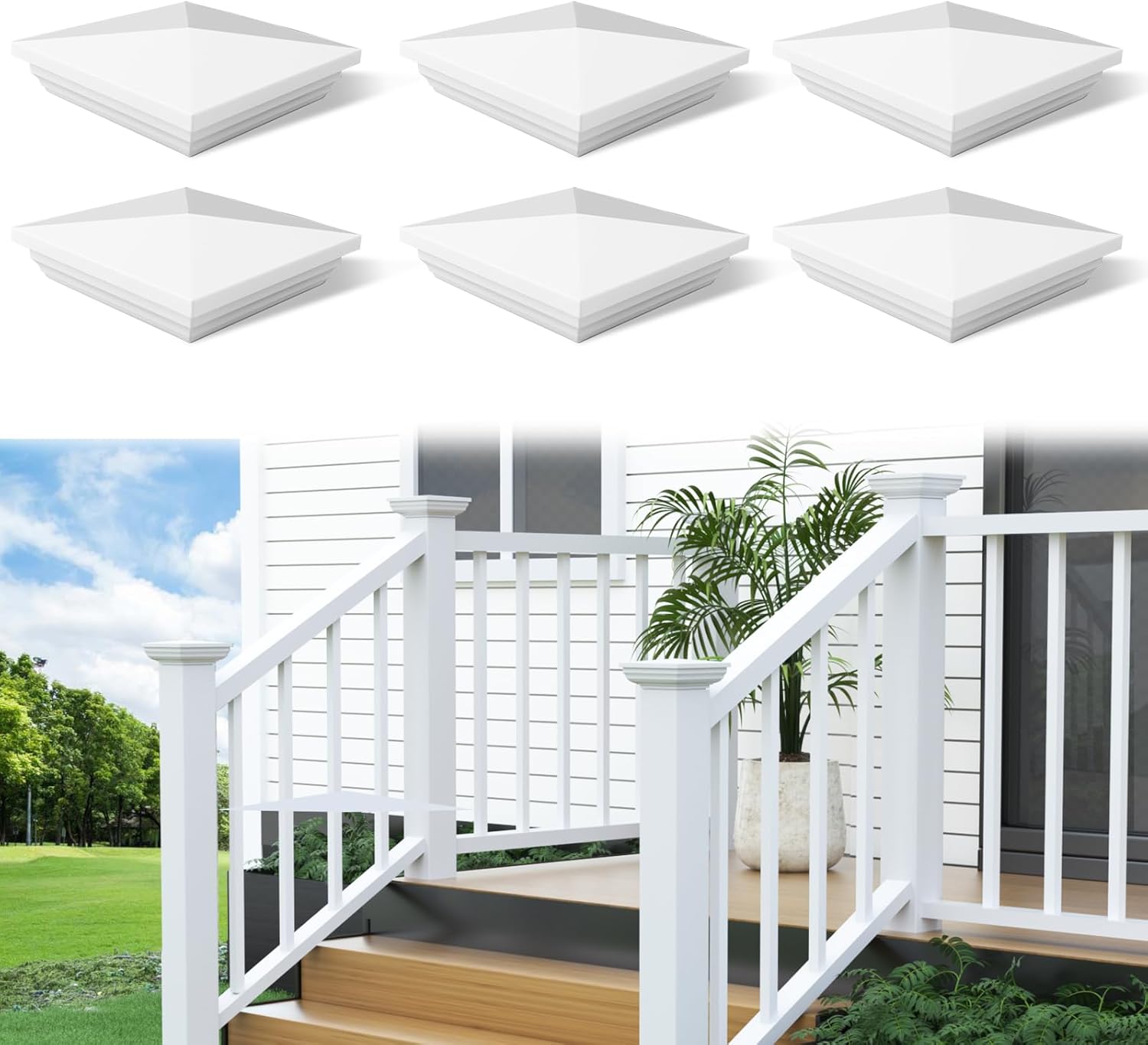 6 Pack Vinyl Fence Post Cap 4" x 4" White PVC New England Post Caps Square Pyramid Top Cover Waterproof UV Resistant for Lamp Deck Mailbox HM03