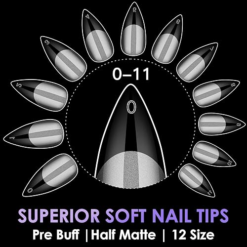 Miniatura 8 de Medium Stiletto Soft Melous 600PCS Pre Buff Full Cover Half Matte Gel x Uñas Puntas
