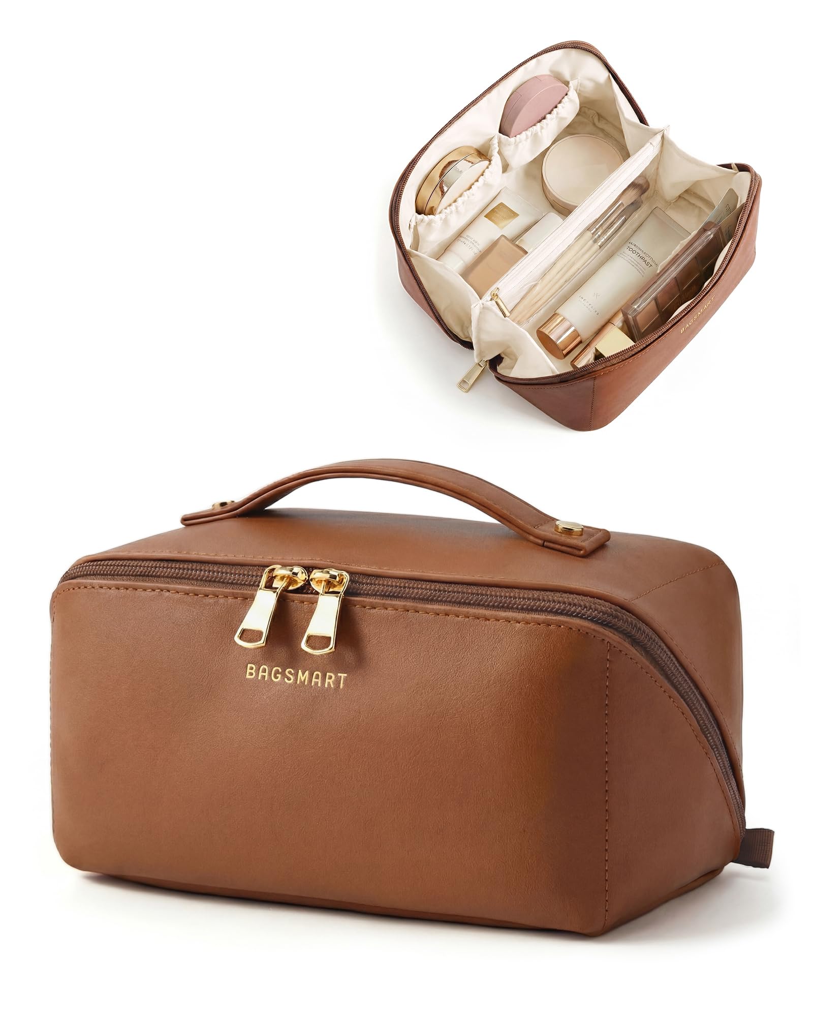 BAGSMART Makeup Bag Travel Cosmetic Bag, Large Make Up Bag Flat Open Toiletry Bag for Women, PU Leather Travel Essentials Organizer Case, Wide-open Pouch Purse for Skincare, Brushes, Classic Brown — view 20