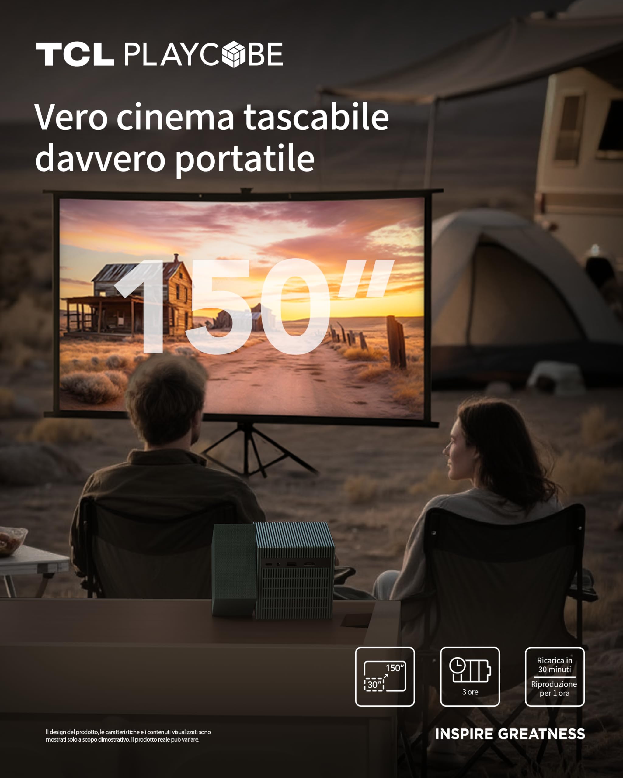 TCL PlayCube Proiettore 4K FHD - [GTV/Netflix/Disney] Mini Proiettore Portatile, 750 Lumen ISO, Wifi e Bluetooth, Auto Focus, Keystone, Regolabile a 360°, per Home Cinema, Interni, Esterni, Gaming