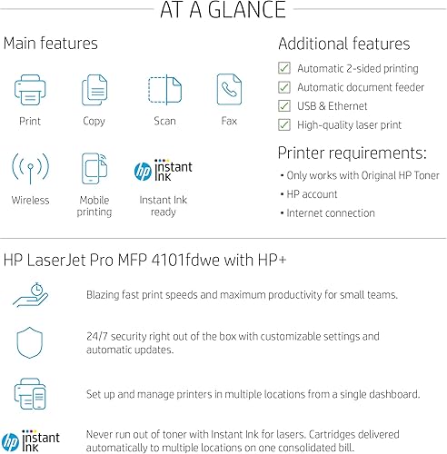 Miniatura 3 de HP LaserJet Pro MFP 4101fdwe - Impresora inalámbrica en blanco y negro con funciones de oficina inteligente HP+ y fax (renovado)
