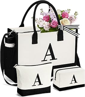 12 Bride To Be Gift Ideas Full Of Joy, Practicality And Style 39 1 Embroidered Initial Canvas Tote Bag with 2 Makeup Bags Set, Birthday G...