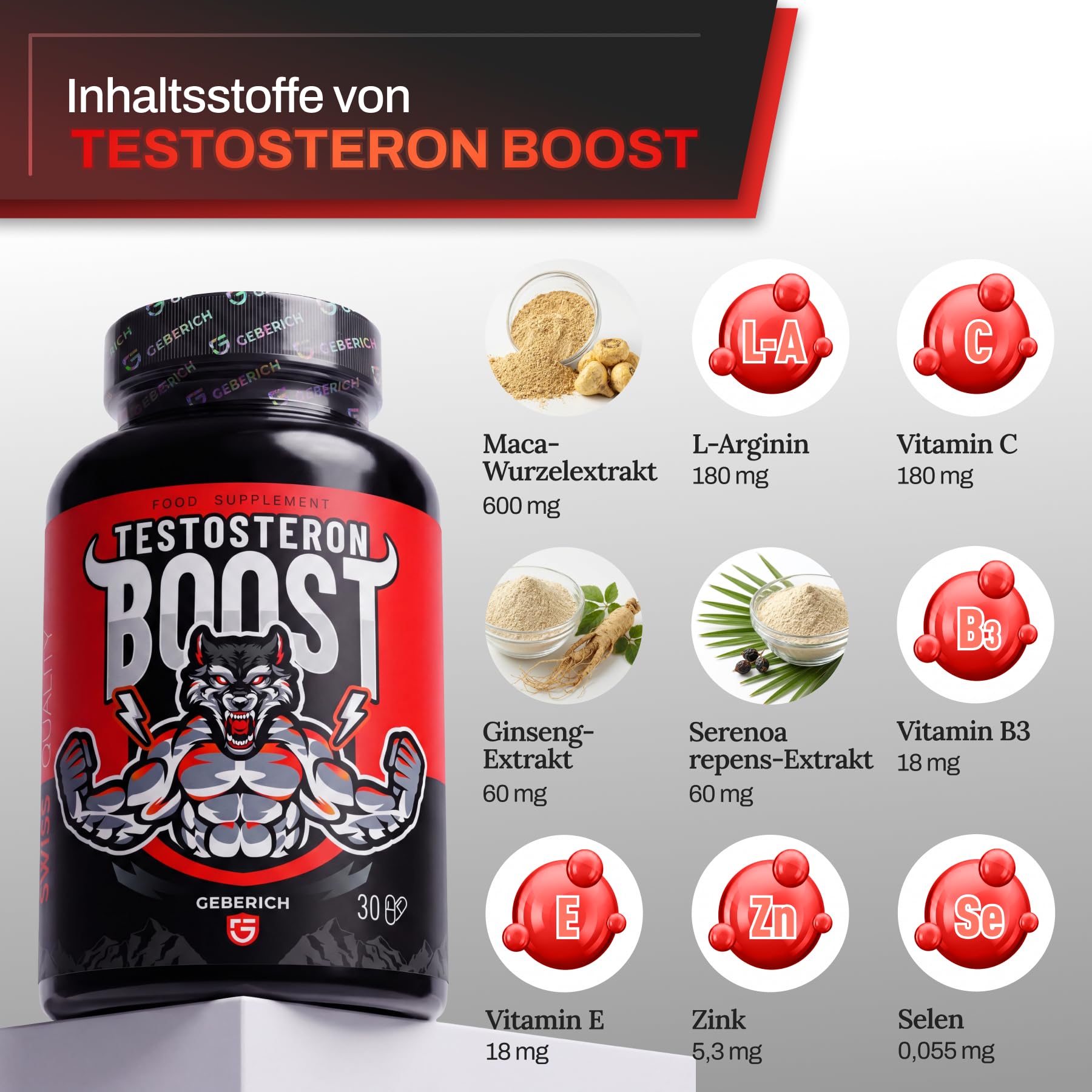Kapseln TESTOSTERON BOOST | Nahrungsergänzungsmittel für Männer mit Maca, L-Arginin, Ginseng, Sägepalme, Vitamin C, Vitamin B3, Vitamin E, Zink und Selen | 30 Kapseln