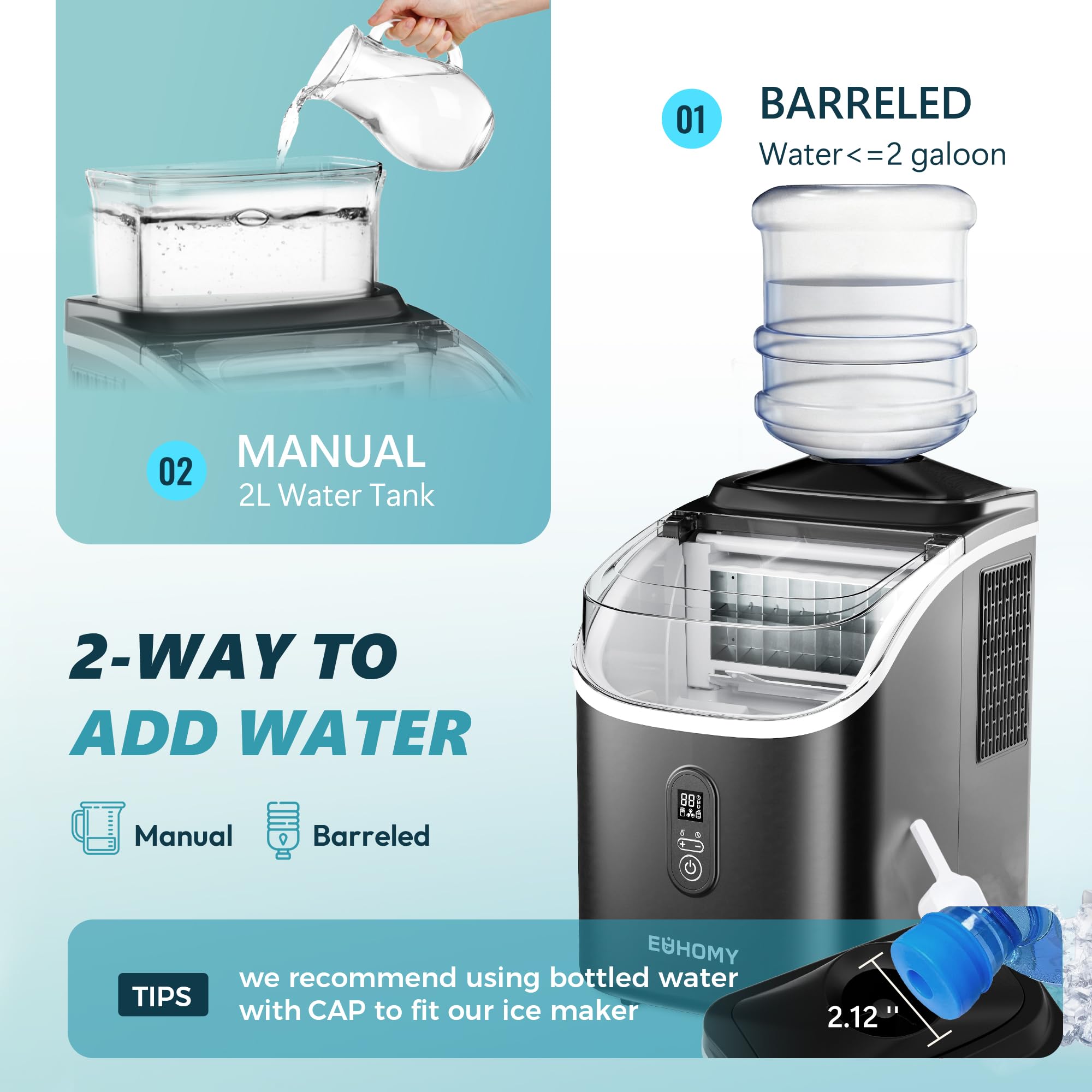 EUHOMY Máquina para hacer cubitos de hielo con tanque de agua externo, 34 libras, 16 piezas listas en 13 minutos, 2 formas de añadir agua, limpieza automática, con cuchara de hielo y cesta, para el