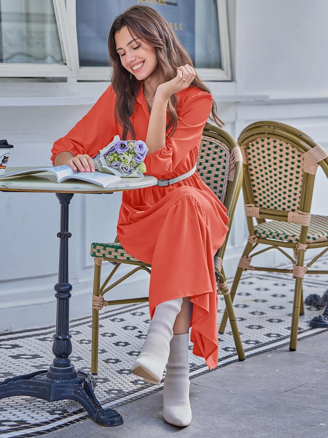 Wenrine Womens Casual 3/4 Sleeve Shirt Dress Button Down V Neck Tiered Collared Flowy Maxi Dress - Image 4