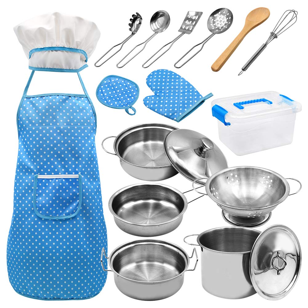 CestMall Pretend Simulation Kitchen Cookware Set Cooking Role Play Educational Toy, 18pcs Stainless Steel Pots& Pans Cooking Utensils Accessories Gift For Kid, Little Chef Set with Dress up Costume