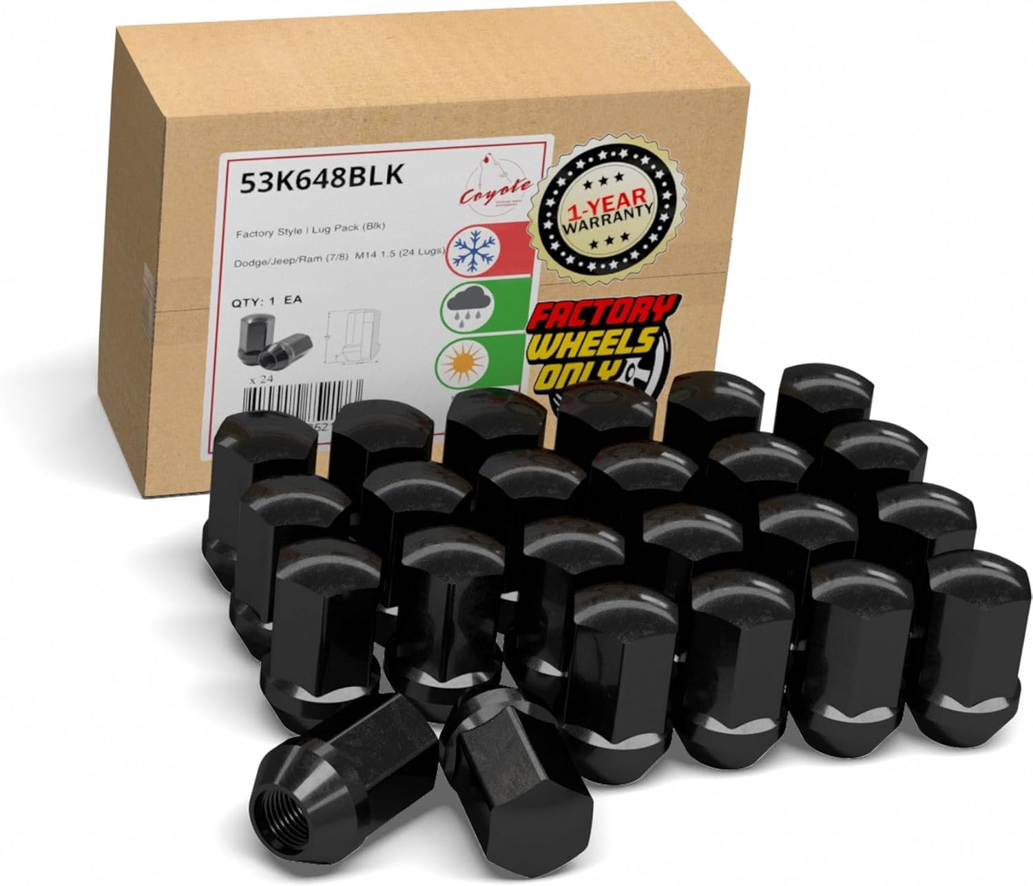 Wheel Accessories Parts 24 Pcs M14x1.5 14x1.5 Thread OEM Style Lug Nuts 1.65" Long Black 7/8" 22mm Hex Fits Jeep Grand Wagoneer ｜ Wagoneer ｜ Ram 1500 6509422AA ｜ 611-330