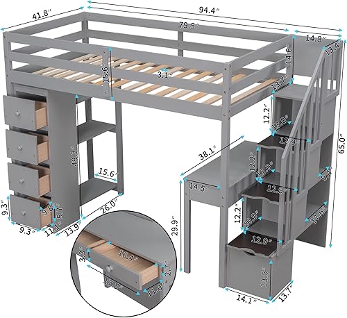 Miniatura 2 de DEINPPA Cama alta de tamaño individual con escritorio integrado y 5 cajones de almacenamiento cama alta de madera con escaleras de almacenamiento y