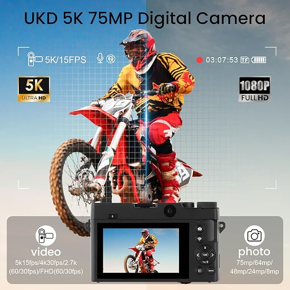 5K Digital Camera, 75MP Vlogging Camera with WiFi Dual Lens | Autofocus Compact Camera with WiFi, Selfie Lens, 18X Zoom, Webcam Mode & 32GB Card for YouTube, Travel, Beginners, Black