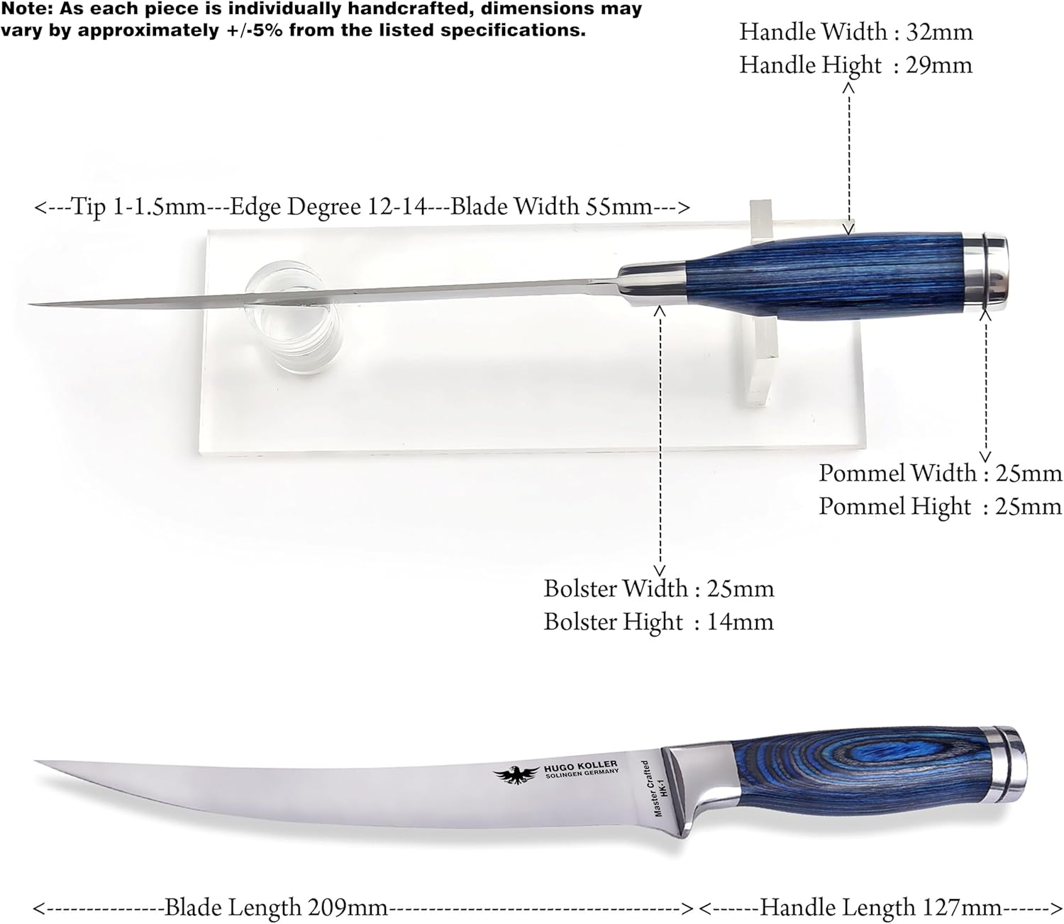 Handcrafted in Solingen, Germany 8 Inch Fillet Knife | Razor Sharp Professional Kitchen Knife | Limited to 30 Pieces | Exclusive Navy Blue Handle (First Series)