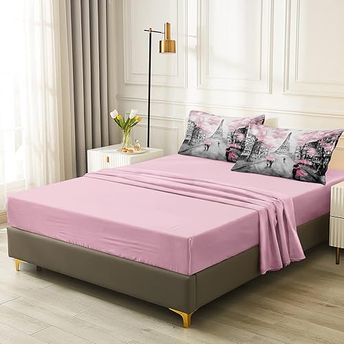 Miniatura 5 de Merryword Pink Paris - Juego de edredón de 8 piezas tamaño Queen, ropa de cama en una bolsa, ropa de cama con diseño de flores rosas para parejas