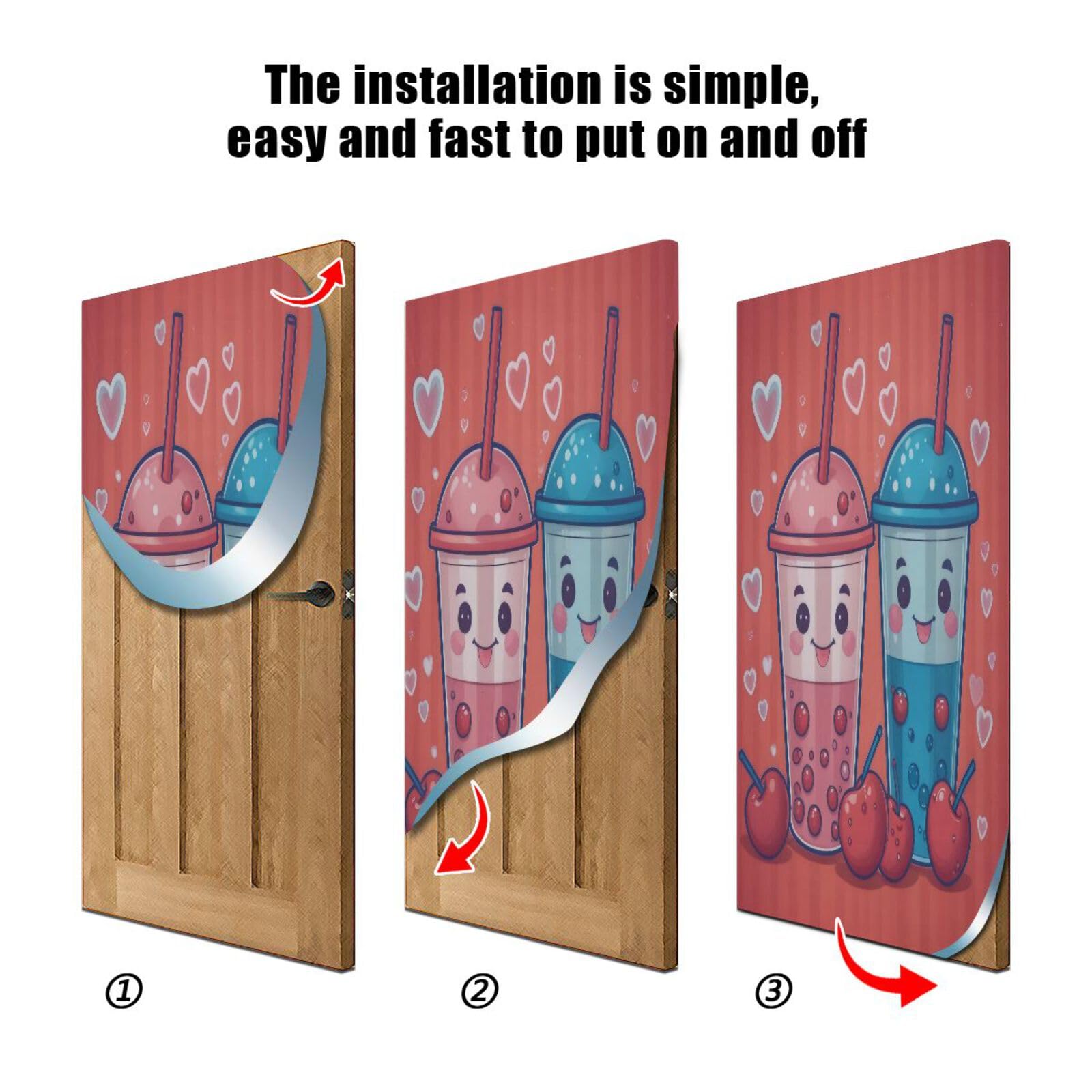 FLildon Valentines Drink Heart Cherry Fruit Door Cover Decoration, Party Accessory Porch Decor for Festive Ornament Room Door Covers 32 x 79 Inch