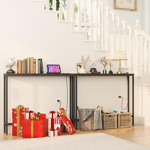 Miniatura 16 de IBUYKE TMJ061H-2 - Paquete de 2 mesas de consola angostas y largas con tomas de corriente, puertos USB, mesa de entrada industrial de madera con