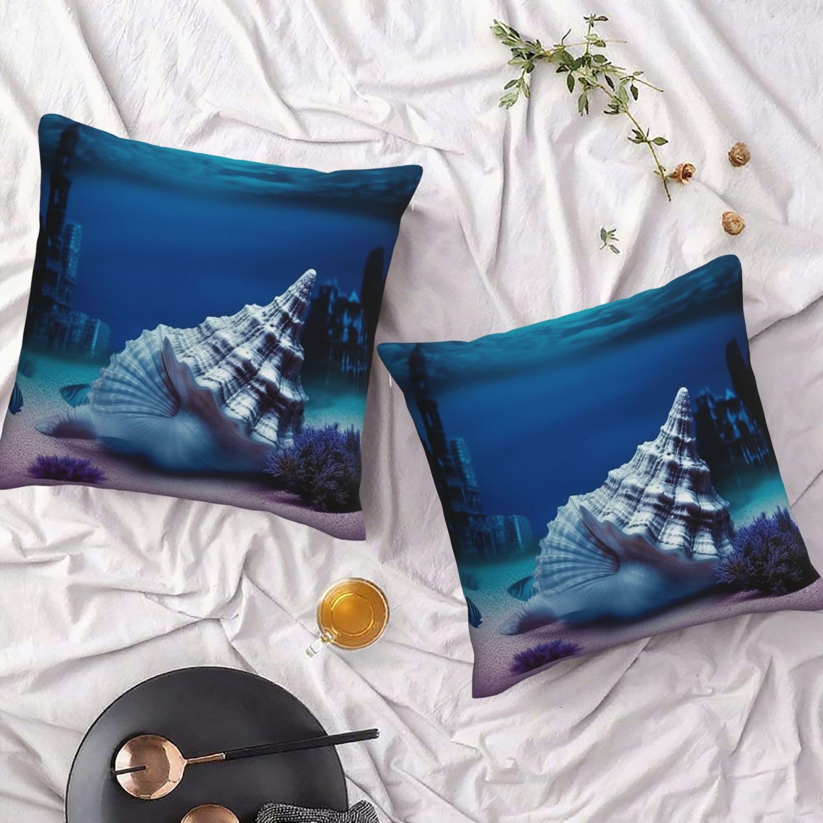Housse de coussin en lin Lot de 2 taies décoratives monde sous-marin 45x45 cm pour canapé