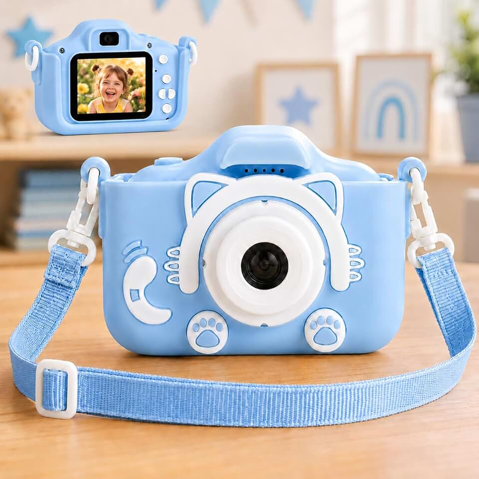 Câmera Fotográfica Infantil Gatinho HD 1080p para Meninos e Meninas com Tela LCD 2”, Selfie, Vídeo, Jogos, Filtros, Molduras, Capinha Anti-queda, Bateria Recarregável USB e Cordão (Azul)