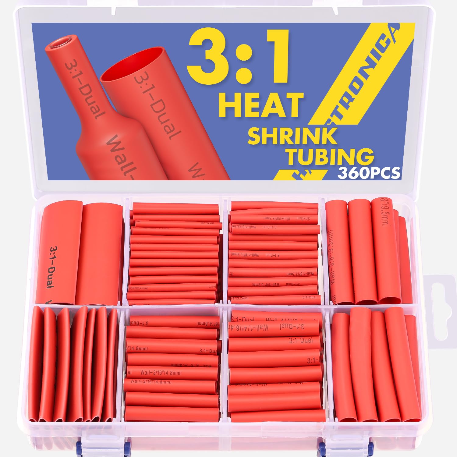 haisstronica 360PCS Heat Shrink Tubing,3:1 Ratio Adhesive Lined Marine Heat Shrink Tube Kit 8 Sizes(3/32"-5/8") Red
