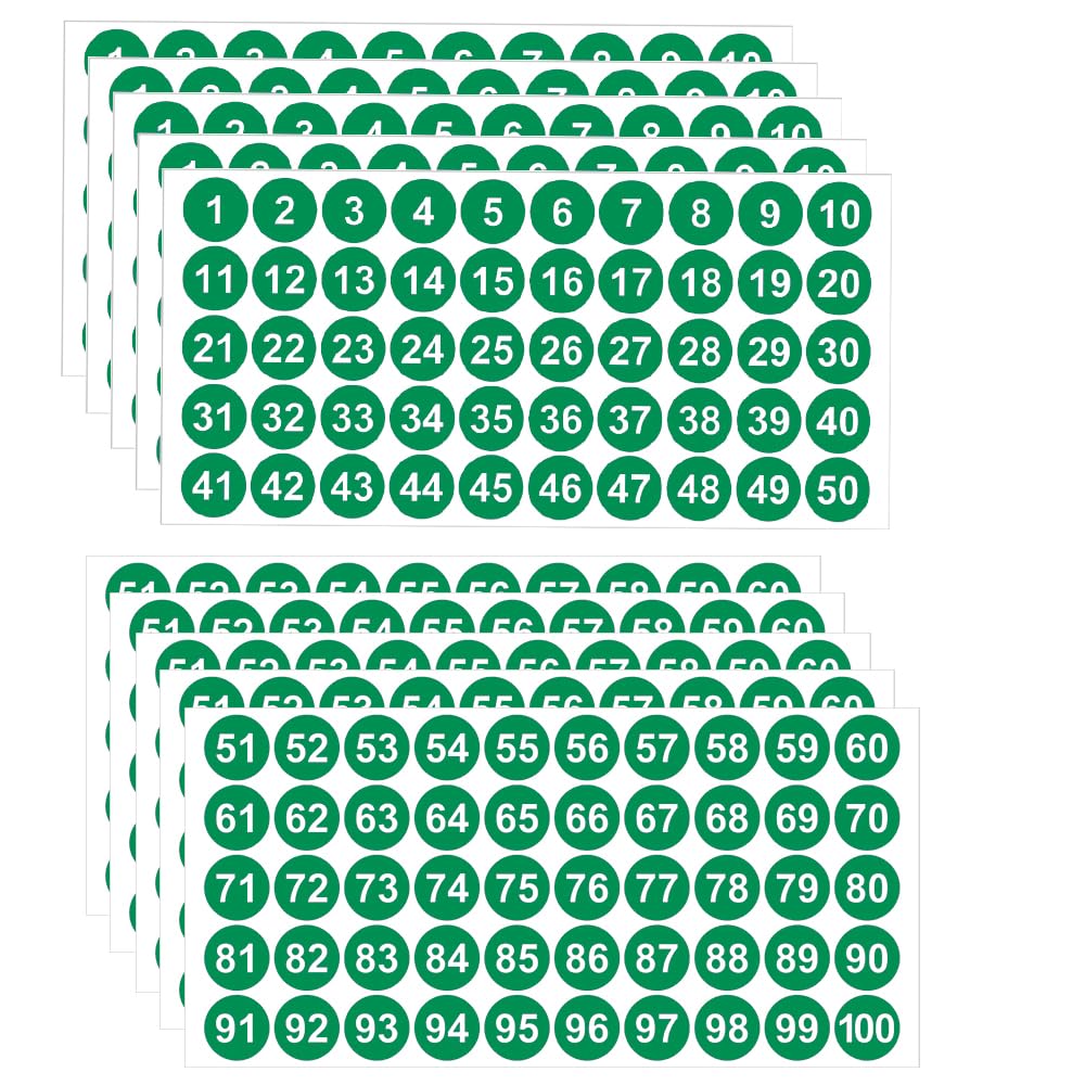 Licqic Green 10 Sheets Self Adhesive Number Stickers, 5 Sets Of 1-100 Number Sticker For Sorting, Organizing, Storage Boxes, Lockers, Office&School Supplies, 1 Inch