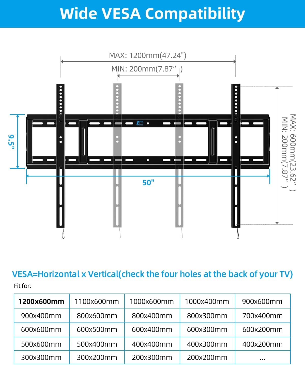 HOME VISION Heavy Duty TV Wall Mount for Large TVs 65-150 Inch, 3-Stud Secure on 16"-24" Centers, Fits 12" to 48" Wood Studs, Fixed Low-Profile Flush Slim TV Bracket, Max VESA 1200x600, Holds 364 LBS