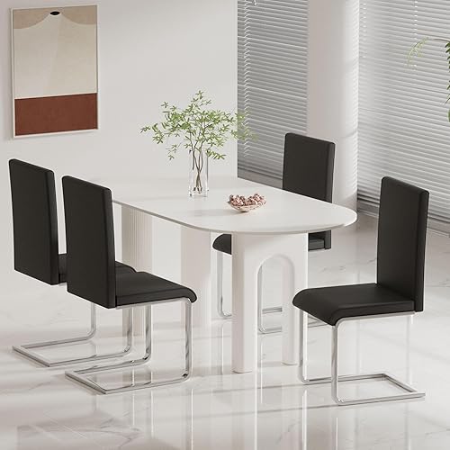 Miniatura 6 de SHGJ&SOFT Juego de 4 sillas de comedor modernas, tapizadas de piel sintética negra con base de trineo de metal, sillas laterales sin brazos con