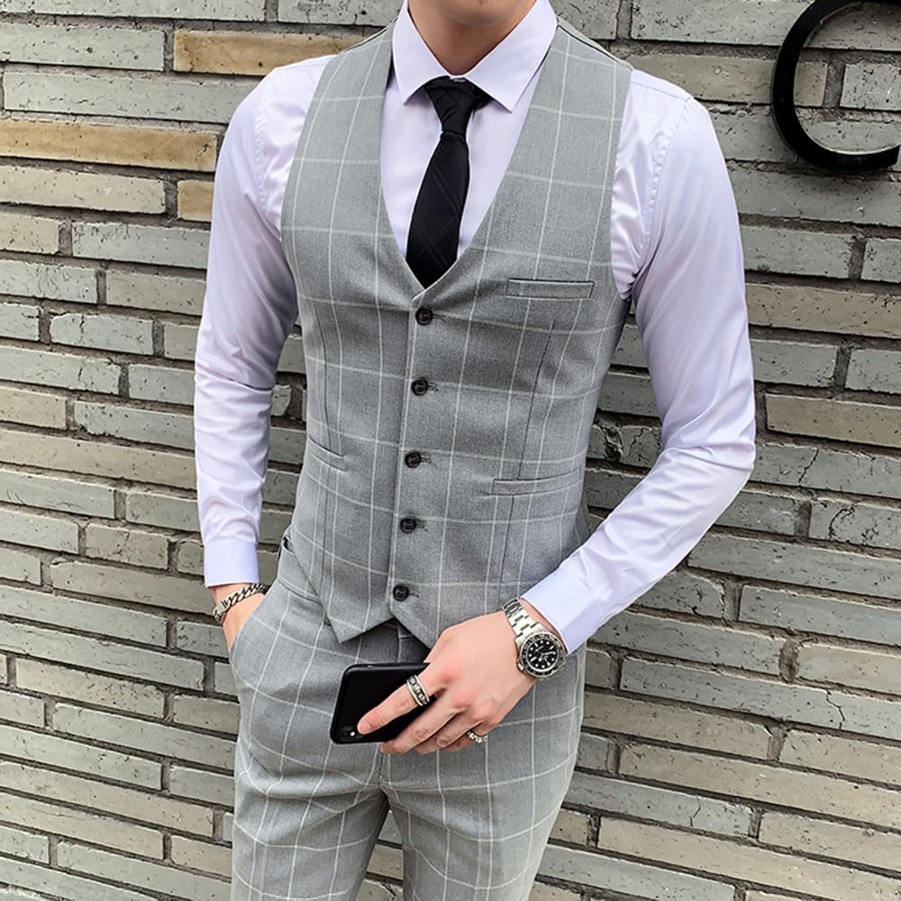 Men's Checked Suit Three Pieces Plaid Notch Lapel Single Breasted Button Jacket Vest Pants for Formal