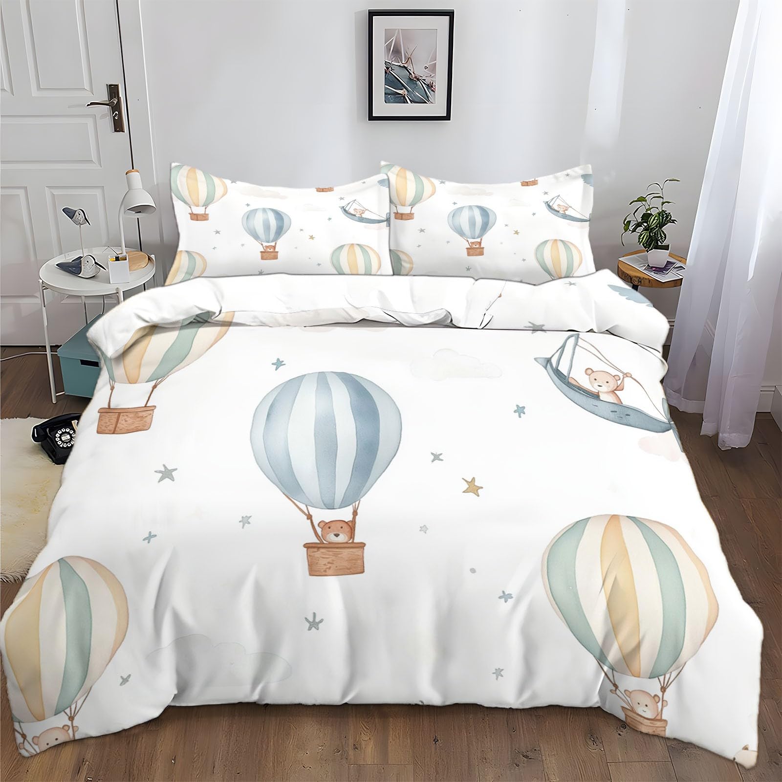 Housse de couette fermeture éclair 200x200 montgolfière anti-plis