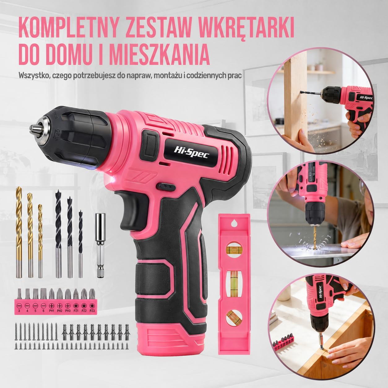 Hi-Spec Różowa Wiertarko-Wkrętarka Akumulatorowa 8V USB z Zestawem Bitów – Bezprzewodowy Elektrowkrętak dla Kobiet z Zestawem do Montażu Ściennego