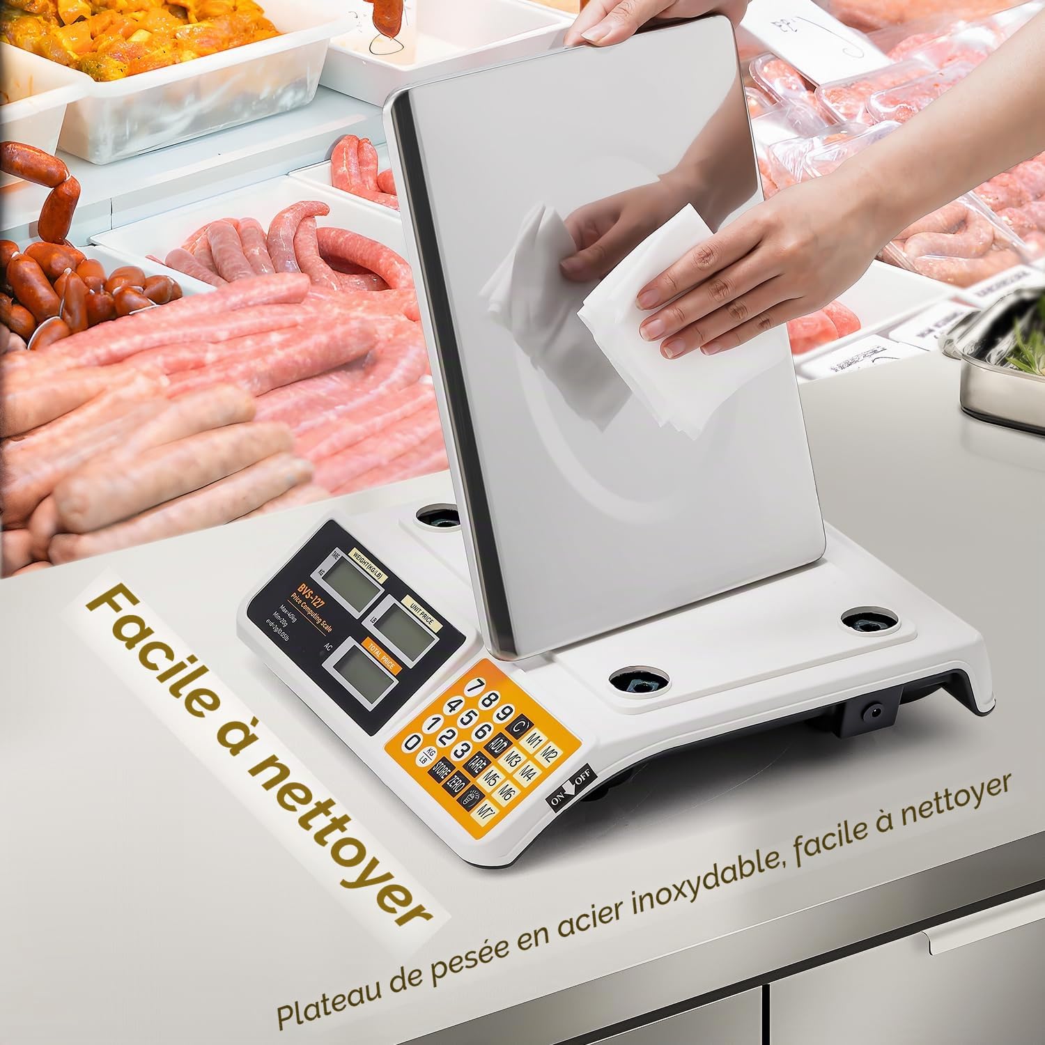 Bonvoisin Balance de Cuisine Professionnelle 40kg/2g, Balance Numérique avec 7 Mémoires PLU, Double Affichage LCD, Tara, Rechargeable, 37cmx27cm Plateau Acier Inoxydable pour Restaurant et Boucherie