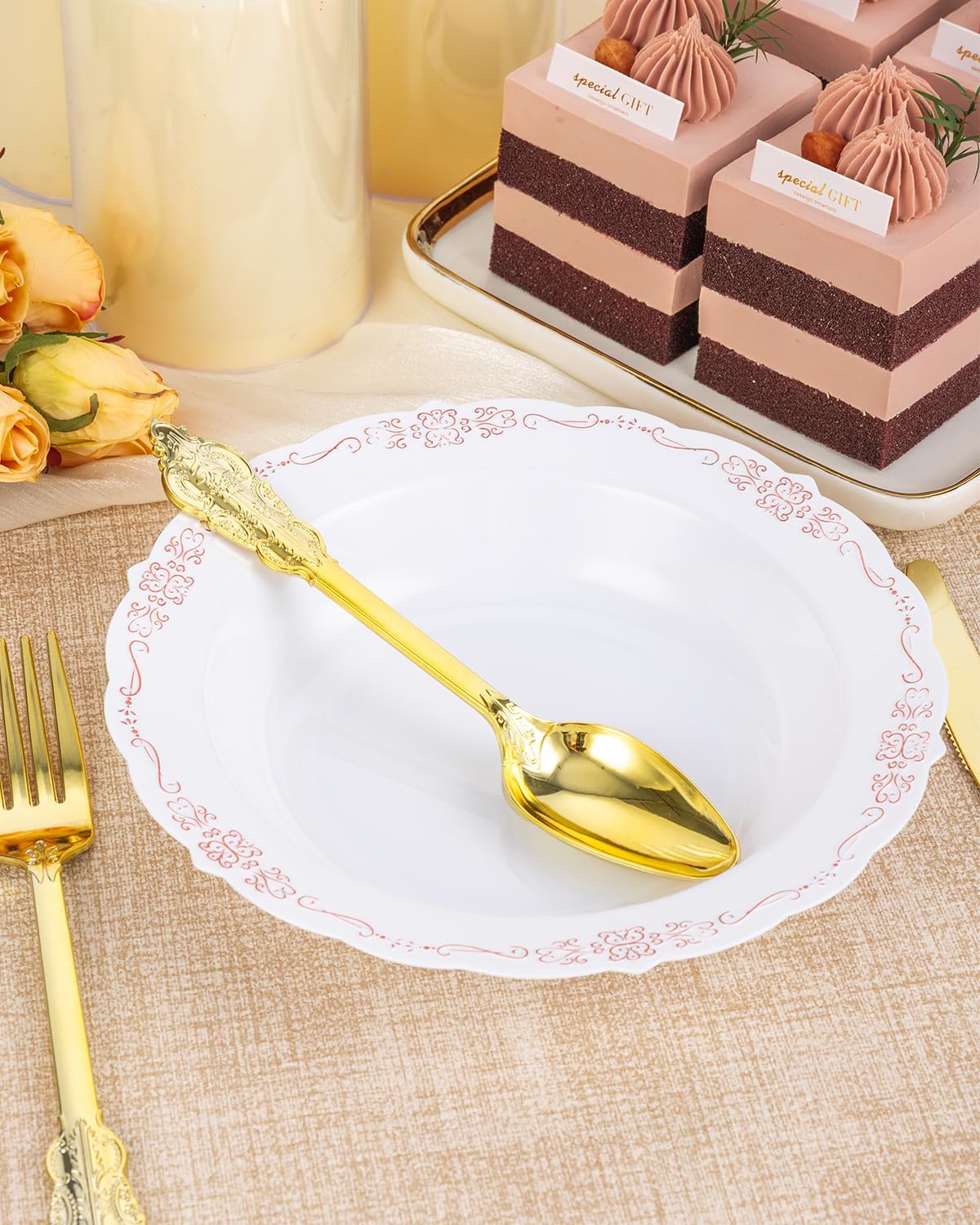Bestluck 100 Pack White Plastic Bowls with Rose Gold Rim, 12oz Plastic Dessert Bowl, Bowls Disposable Heavy Duty for Hot Soup, Dessert, Salad, Cake, Ice Cream, Fruit for Valentine's Day