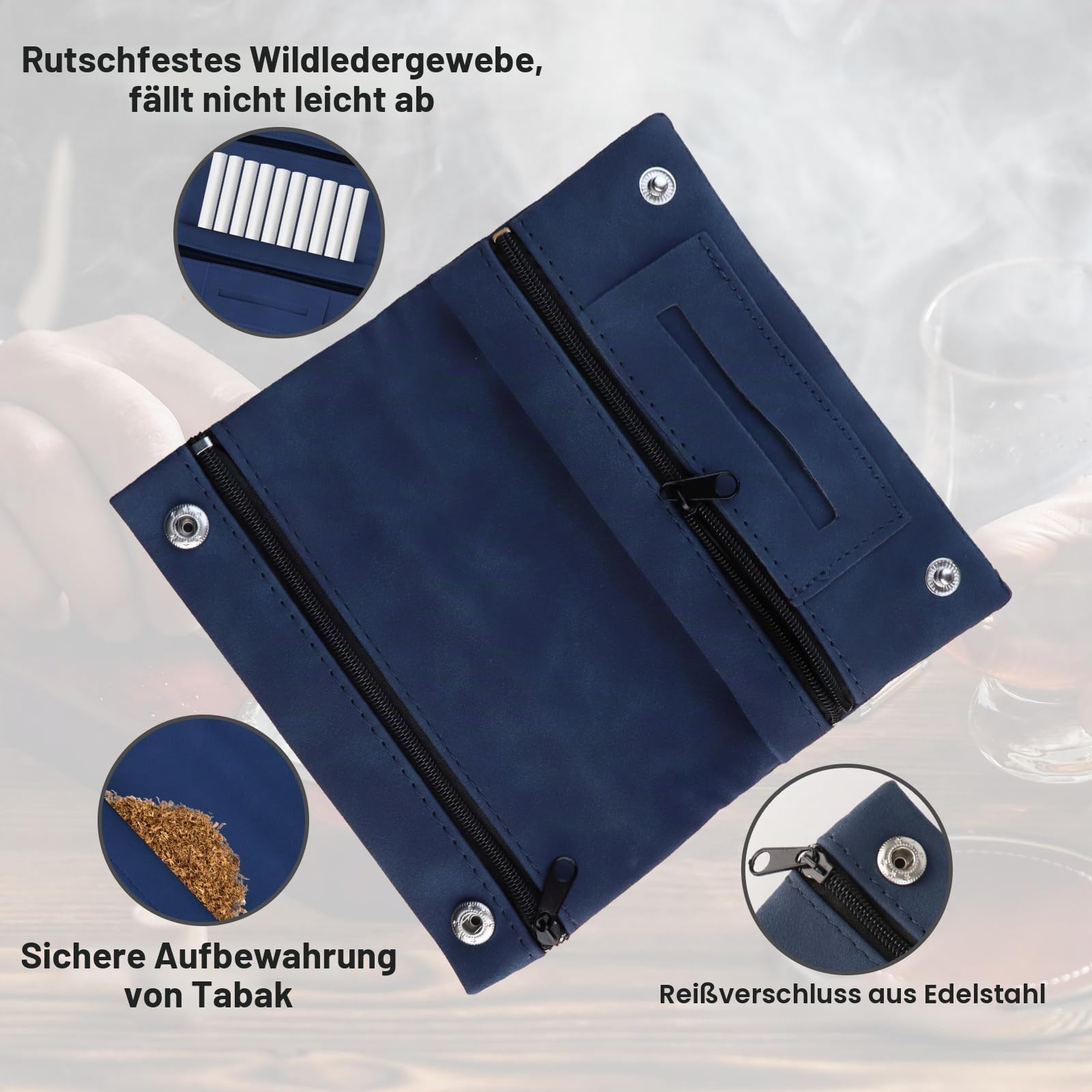 LHOEST Tabaktasche Leder Blau Drehtabak Tasche Vintage Tabakbeutel Leder