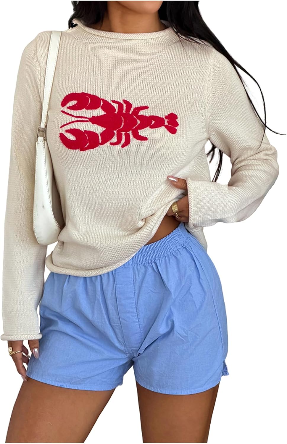 Verdusa Women's Cozy Lobster Sweater Fall Clothes Drop Shoulder Pullover Knit Tops - Image 5